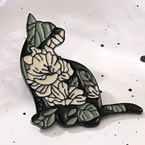 Fashion Jewelry Jewelry - Cat Brooch Hippie Black with Flowers
